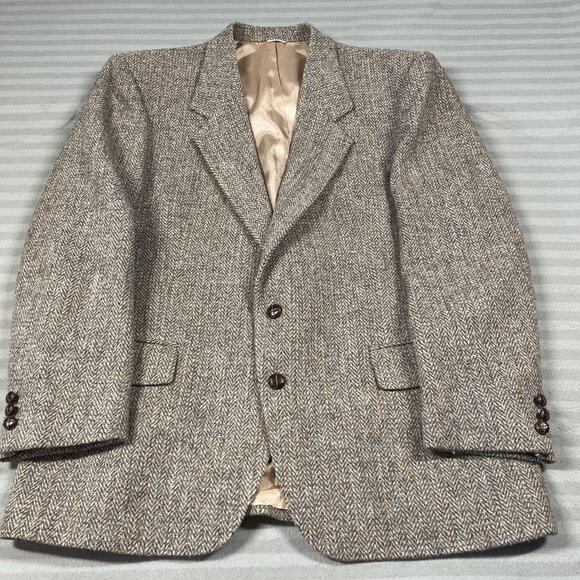 Harris Tweed Blazer Mens 44 Short Brown Herringbone Wool Hand Woven Scotland - Picture 1 of 16